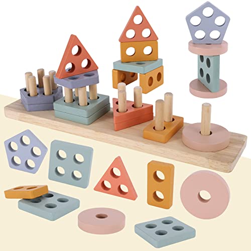Wtust Montessori Toys For 1 2 3 Years Old Boys Girls,Toddler Learning Educational Wooden Sorting & Stacking Toys,Shape Sorter Color Stacker Toy Preschool Kid Puzzles Gifts 1-3 #TOP4