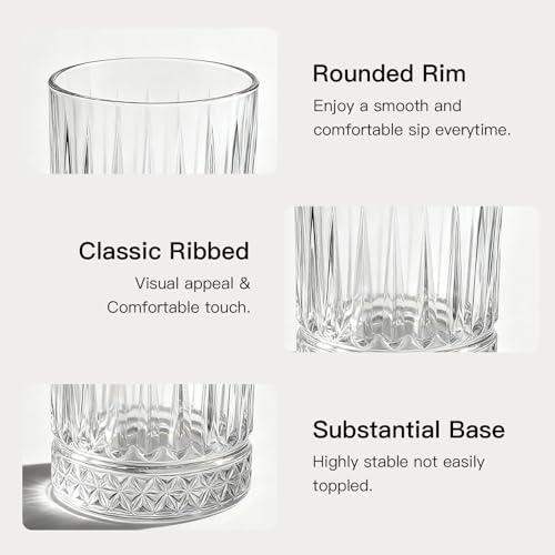 Image of Ruckae Drinking Glasses Set of 8,15 oz and 7 oz Kitchen Water Glass Cups Set,Clear Ribbed Glassware Dishwasher Safe,Mixed Drinkware for Beer,Juice,Cocktail,Whiskey,Milk and Various Mixed Drinks