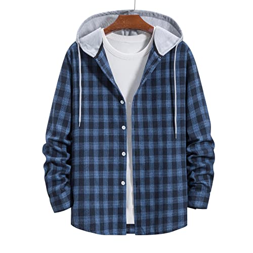 Men Long Sleeve Quilted Lined Flannel Shirt Jacket with Hood Button-Down Flannel Plaid Shirt Hoodie Lightweight Jacket2