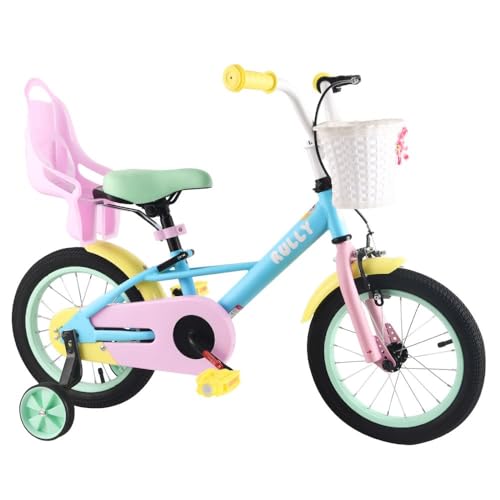 RULLY Bicicleta infantil de 16 pulgadas para niñas de 4 a 7 años (41 – 53 cm) – Bicicleta infantil con asiento para muñecas, ruedas estabilizadoras y efecto arcoíris.