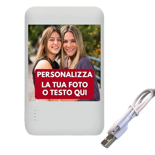 PhoneThrone - Power Bank 5000 Mah Personalizzabile con Logo e Testo, Mini Power Bank Iphone Universale, Batteria Portatile Accessori da Viaggio, Powerbank Piccolo e Leggero (130 grammi) (Bianco)