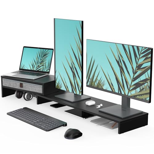 Fenge Dual monitorstativ med låda för dator TV bärbar dator, monitorstativ, längd och vinkel justerbar, 78,3–113 x 23,5 x 7,3 cm, svart