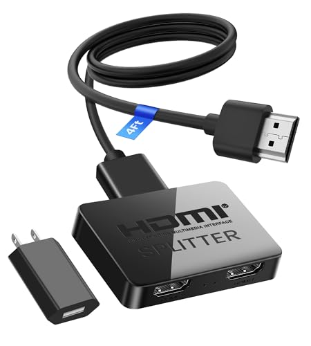 4K HDMI Splitter 1 in 2 Out with Power Adapter and 4Ft Hdmi 2.0 Cable,Mirror 1 Source Screen to 2 Display Devices-Not for Extended Display, 1x2 HDMI Splitter Compatible with PS4, HDTV, Monitor