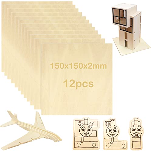 12 Pezzi Fogli Legno di Tiglio (150x150x2mm) - Pannelli Compensato Grezzo per Modellismo, Traforo e Incisione Laser - Tavolette Sottili per Progetti Cricut Maker, Pirografia e Fai da Te