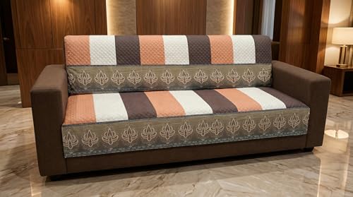 Image of Velvet L Shape 4+3 (7 Seater) Sofa Cover Fully Covered | Anti Skid Non Slip | Printed Brown | Washable Furniture Protector