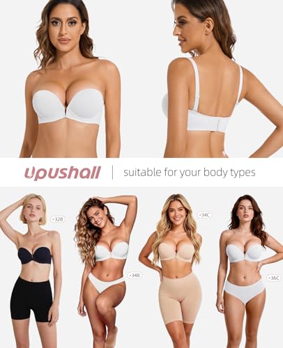 Image of Upushall Strapless Bra Push Up Non Slip Deep V Plunge Underwire Bras for Women Super Padded Add 1 Cup