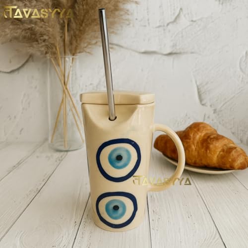 Image of Handmade Ceramic Mug, 450ml Tumbler with Lid & Straw - Cream with Blue Evil Eye Design, Cup for Hot & Cold Beverages - Coffee, Tea, Milk | Microwave & Dishwasher Safe | Perfect for Gifting