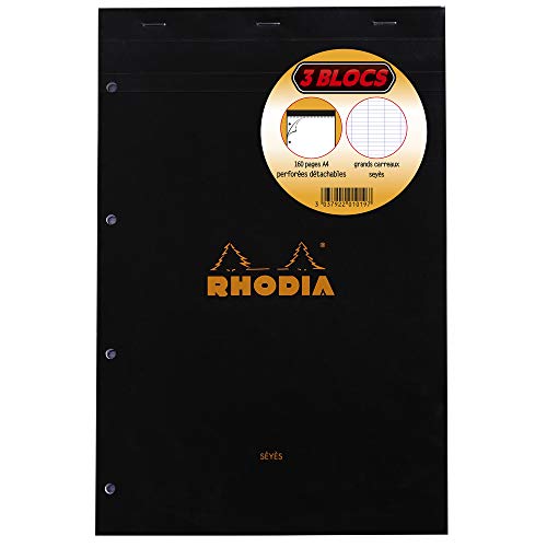 RHODIA 201019C - Lot de 3 Bloc-Notes Agrafés N°20 Black/Orange - A4+ 21 x 31,8 cm - Grands Carreaux Seyès - 80 Feuilles Détachables Perforation 4 Trous,...