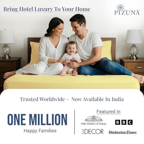 Image of Pizuna 100% Cotton Bedsheet Super King Size Mellow Yellow, 1000 Thread Count Long Staple Combed Cotton Flat Bedsheets 108x108 Inches with 4 Pillow Covers, Bed Sheet for Super King Size Bed