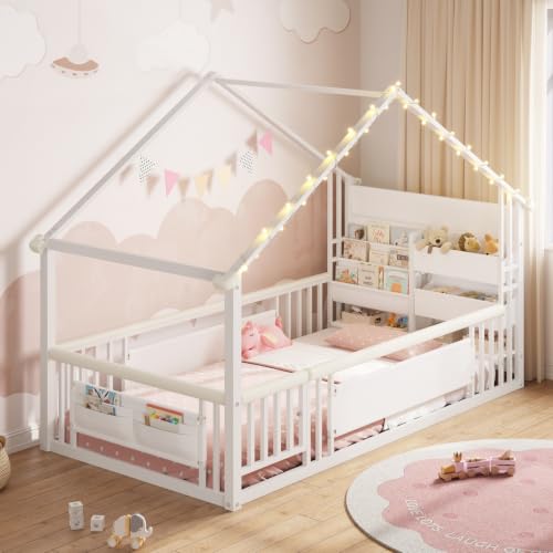 mojiasion Hausbett 90x200 Metall nach Montessori mit LED, Weiß