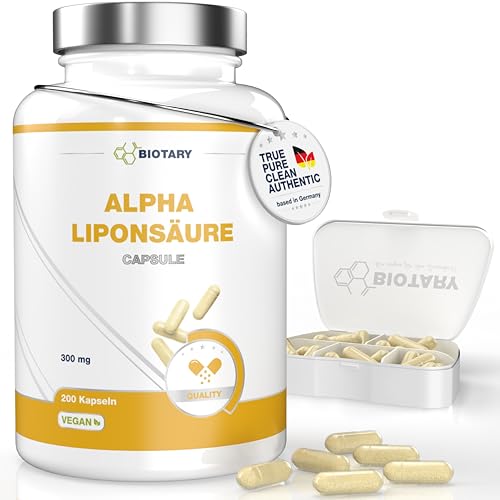 BIOTARY Alpha Liponsäure 200 Kapseln 600 mg pro Tagesportion inklusive Pillenbox 6-7 Monate Vorrat hohe Bioverfügbarkeit reine ALA Kapseln geprüfte Qualität