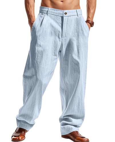 Men's Pinstripe Linen Wide Leg Pants Relaxed Fit High Waist Pleated Trousers with Pockets