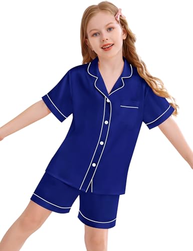 SWOMOG Kids Silky Satin Pajamas Set Girls Boys Button-Down Sleepwear Short Sleeve 2 Piece PJs Sets Lounge Sets3
