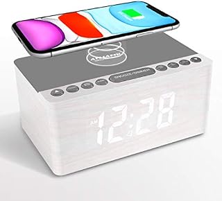 ANJANK Wireless Charging Alarm Clock,Bedside Wooden FM Radio,10W Super Fast Charger Station for Iphone/Samsung/Other Smart phone,USB Port,Mains Powered,5 Level Digital Dimmable Led Display