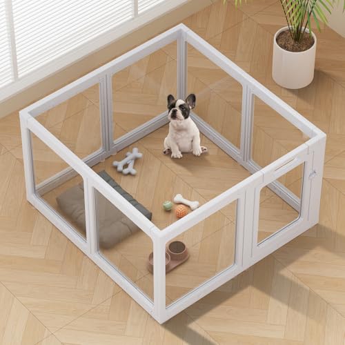 Image of Clear Acrylic Dog Playpen Indoor, Puppy Cat Small Pet Play Pen, Pet Cat Playpen for Rabbits, Dog Fence Crate Kennel Whelping Cage (Grey, 8 Panel)