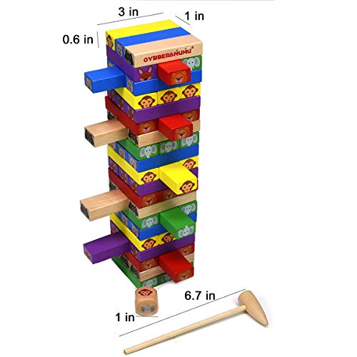 GYBBER&MUMU 60 Pieces Colorful Animal Patterns Wooden Blocks Stacking Board Games with 1 Wood Hammer &1 Dice (60PCS_Colorful) - Thumbnail 4