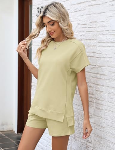 Image of LOMON Womens Fashion 2 Piece Outfits Sweatsuits 2026 Summer Short Sleeve Loungewear Tracksuit Round Neck Lounge Shorts Sets