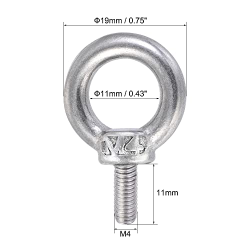 Image of uxcell Lifting Eye Bolt M4 x 11mm Male Thread with Hex Screw Nut Gasket Flat Washer for Hanging Securing Chain Wire Rope, 304 Stainless Steel, 6 Sets