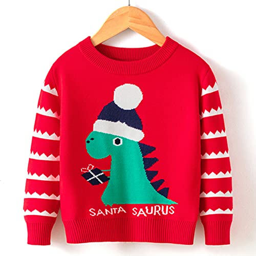 Children Warm Blouse Toddler Boys Girls Christmas Cartoon Dinosaur Print Warm Knitted Sweater Long (Red, 3-4 Years)2