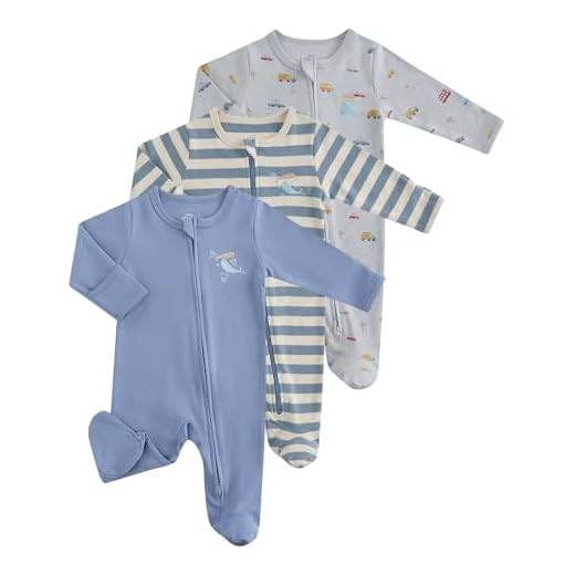 JiAmy Baby Schlafanzug Strampler 3er Pack Baumwolle, Unisex Baby Overall mit Reißverschluss, Fußteil und umklappbaren Fäustlingen Grau 3-6 Monate