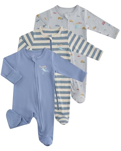 JiAmy Baby Schlafanzug Strampler 3er Pack Baumwolle, Unisex Baby Overall mit Reißverschluss, Fußteil und umklappbaren Fäustlingen Grau 0-3 Monate