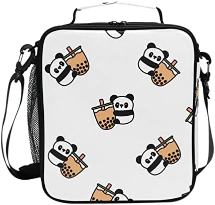 AMmao Kids Lunch Bag for Boy Girl Cute Panda Boba Milk Tea Insulated Lunch Box with Shoulder Strap Reusable Cooler Bags for One Size