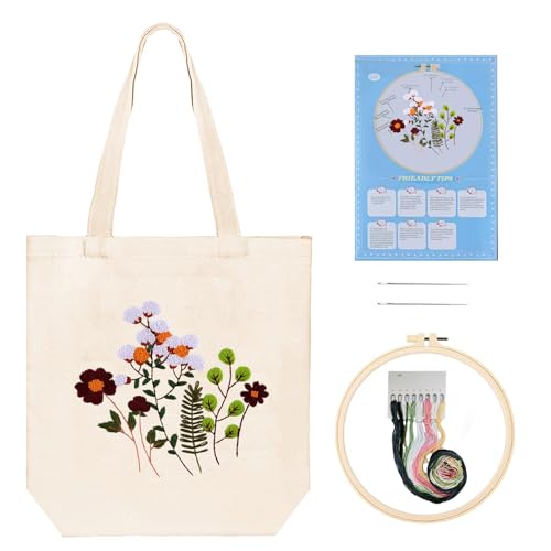 Image of Huacan Embroidery Canvas Bag Kits for Adults Beginner Stamped Flowers Pattern DIY Cross Stitch Printed Flower Stitching Sewing Kit