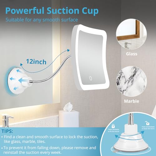 Image of Fabuday Flexible Gooseneck 30X Lighted Magnifying Mirror with Tweezer - Upgraded Rechargeable Makeup Mirror with Lights, LED Travel Mirror with Suction Cup for Bathroom, 3 Color Lighting, Square