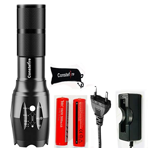 Constefire Lampe de poche torche led puissante rechargeable18650 - LED Tactical Flashlight Zoomable - Avec 2 piles rechargeables 18650 de 3,7 V pour vélo,...