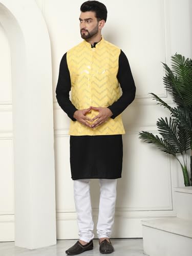 Image of SOJANYA (Since 1958 Men's Pure Cotton Kurta and White Pyjama with Sequins Nehru Jacket