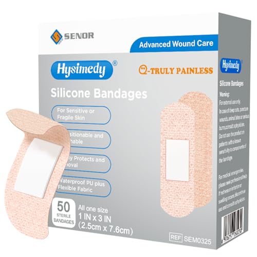 Hysimedy Silicone Bandages for Sensitive Fragile Skin 1x3 50 Count Flexible Fabric Latex Free Hypoallergenic Breathable Small Bandages for Wounds Easy Painless Removal for Geriatric and Children