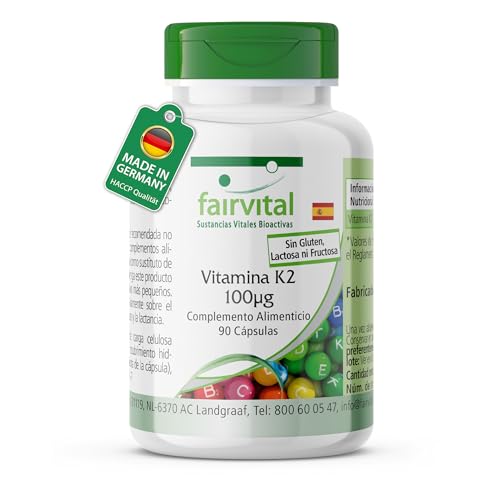 fairvital Vitamina K2 MK7-90 cápsulas, fáciles de tragar, ALTA DOSIS, 100µg por cápsula, menaquinona MK-7, natural y fermentada a partir de natto, VEGANA