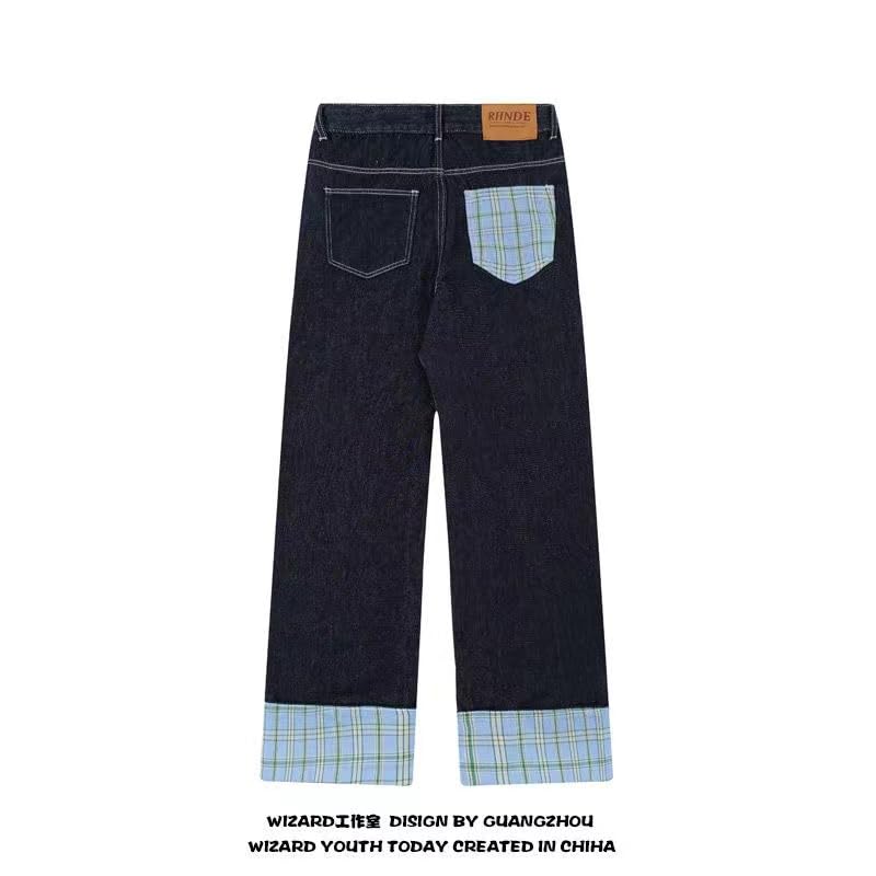 American Vintage Lattice Patchwork Edge Curl Jeans Grunge Harajuku Hip Hop Casual Baggy High Waist Straight Leg Pants3