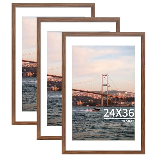 YESKAY 24x36 Picture Frame Brown Set of 3 Display Pictures 20x30 with Mat or 24 x 36 Without Mat Poster Frames 24x36 for Wall Hanging Horizontal and Vertical