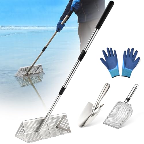 Sand Flea Rake Long Handle Sand Sifter for The Beach Stainless Steel Shark Tooth Sifter Comes with A 16-Inch Wide Mesh Screen for Collecting Fleas Shark Teeth and Seashells