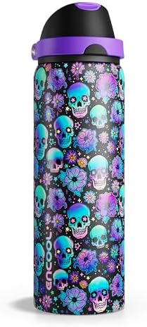 Halloween Insulated Water Bottle with Straw - Stainless Steel Water Bottle with Push Button Lid, Leak-Proof BPA-Free, Keeps Cold for 24 Hours for Halloween gifts, Party (32 oz, Floral Afterlife)