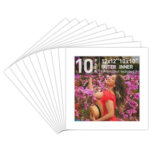 Golden State Art, Pack of 10 Acid Free 12x12 for 10x10 White Picture Mats, Bevel Cut White Core Frame Mattes for Photos