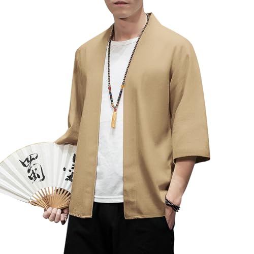 Image of PRIJOUHE Men's Kimono Jackets Cardigan Lightweight Casual Cotton Blends Linen Seven Sleeves Open Front Coat Outwear