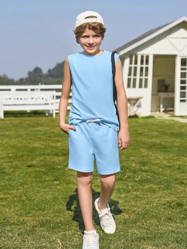 Image of Haloumoning Boys 2 Piece Summer Outfits Short Sets Kids Tank Tops and Elastic Waist Shorts with Pockets 5-14 Years