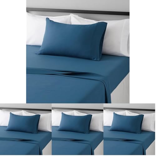 Image of Amazon Basics Lightweight Breathable Brushed Microfiber 3-Piece Bed Sheet Set with 14-Inch Deep Pockets,Wrinkle Resistant,Twin,Dark Teal,Solid,(Pack of 4)