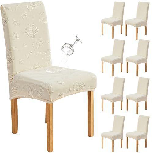 Image of Genina Waterproof Dining Chair Cover Set of 8,Kitchen Chair Cover,Beige | Stretch Dining Room Chair Slipcovers with Leaf Jacquard,Removable Kitchen Chair Protector for Home,Restaurant,Banquet