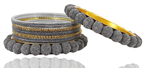 Image of NMII Stylish Metal with Golden Zircon Stone & Velvet Balls Bangles Set For Women and Girls | Fancy Designer Bangles | Short Velvet Chuda Set | Women's Fashion Jewellery
