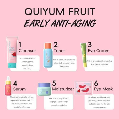 QUIYUM Early Anti-Aging Skincare Set, for Light Mature Skin, 6-Piece Natural Fruit Kit with Peptide, Vitamin C & Ceramide - Reduces Fine Lines & Dull Skin, Birthday Gifts for Women, Christmas Gift - Thumbnail 2