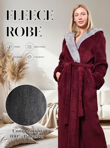Image of Hellomamma Long Hooded Robe for Women Luxurious Flannel Fleece Full Length Bathrobe Winter Warm Pajamas Shower Nightgown