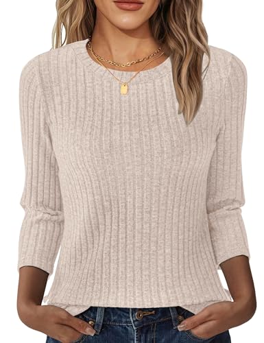 NORACORA Womens 3/4 Sleeve Sweater Tops Round Neck Tunic Blouses Dressy Pullover T Shirts for Business Casual Work