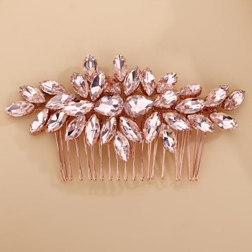 Image of Octwine Bride Wedding Silver Green Red Blue Rhinestone Crystal Hair Comb Wedding Party Prom Hair Headpiece Bridal Wedding Hair Accessories for Women (Rose gold pink)