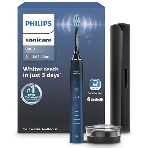 Philips Sonicare DiamondClean 9000 Electric Toothbrush - Sonic Toothbrush with App, Pressure Sensor, 12 Brushing Settings, Replacement Reminder, Charging Stand, Travel Case, Aquamarine, HX9911/92