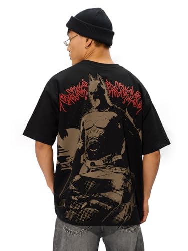 Image of The Souled Store Official Batman Originals: Justice Oversized T-Shirt for Men Boys Cotton Casual Half Sleeves Baggy Loose Fit Drop Shoulder Round Neck Black