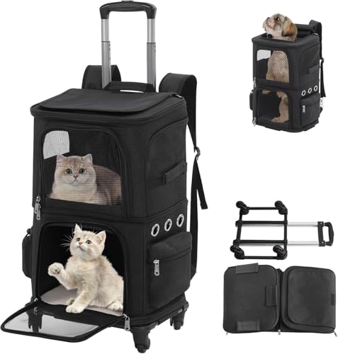 Vskd猫 2匹 キャリー リュック キャスター付き 小型犬 ペット トロリーバッグ 2段式 大容量 通気性 旅行 通院 帰宅 帰省 交通機関 災害避難 ペットキャリア 折りたたみ 多窓 移動 安静 ケージ 室内 屋外 動物病院 バッグ 収納 便利 軽量