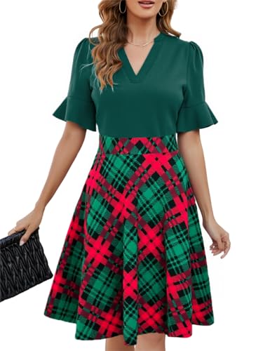 Image of Mokayee Womens Summer V Neck Ruffle Short Sleeve Fit and Flare Knee Length Church Wedding Guest Dresses with Pockets